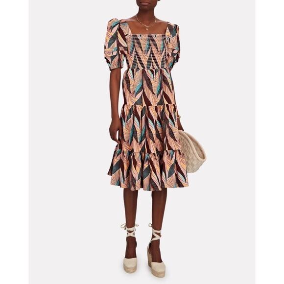 AUTUMN ADEIGBO Della Midi Dress Womens 8 Leaf Print Brown Pink Puff Sleeve Tier - Picture 1 of 16